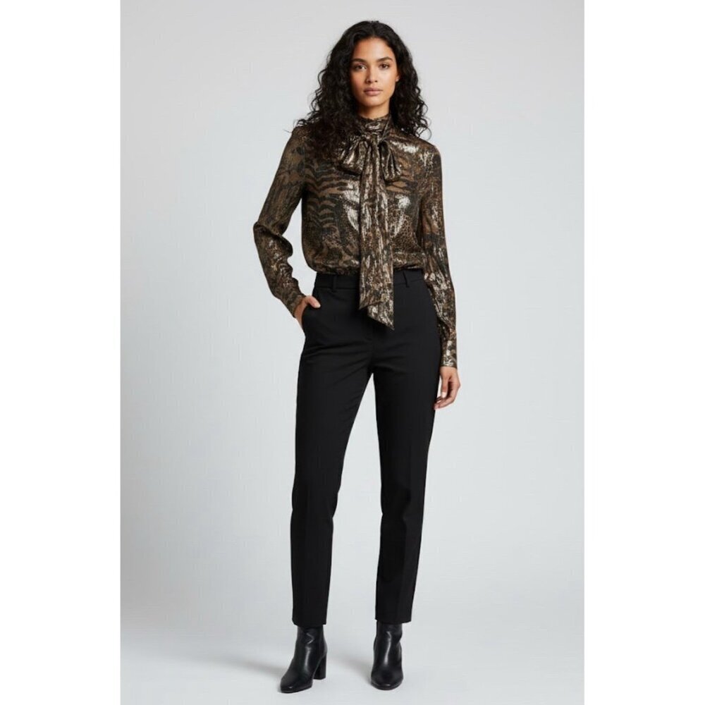 REISS Kendall Metallic Animal Print Tie Neck Blouse Gold Buttondown Size 4